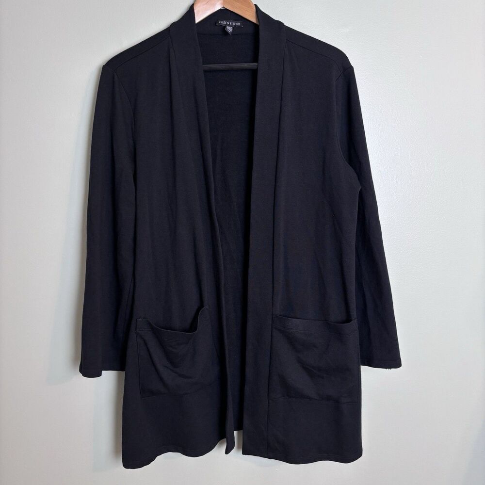 Eileen Fisher Cozy Brushed Terry Hug Long Jacket Cardigan Black Sz M Minimalist